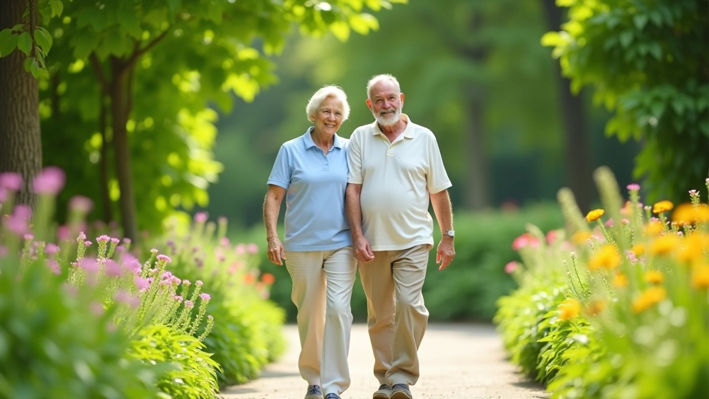 Senioru pāris pastaigājas pa skaistiem dārzu ceļiem starp ziediem
