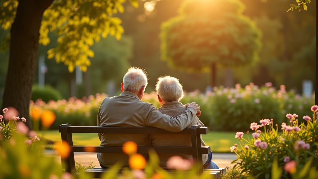 Seniori baudē laiku parkā ar ziediem un ēnai