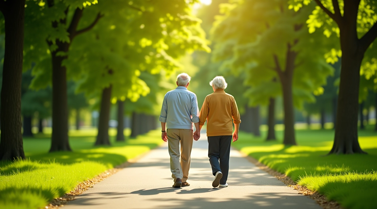 Senioru pāris pastaigas laikā parka ceļā ar zaļiem apstādījumiem