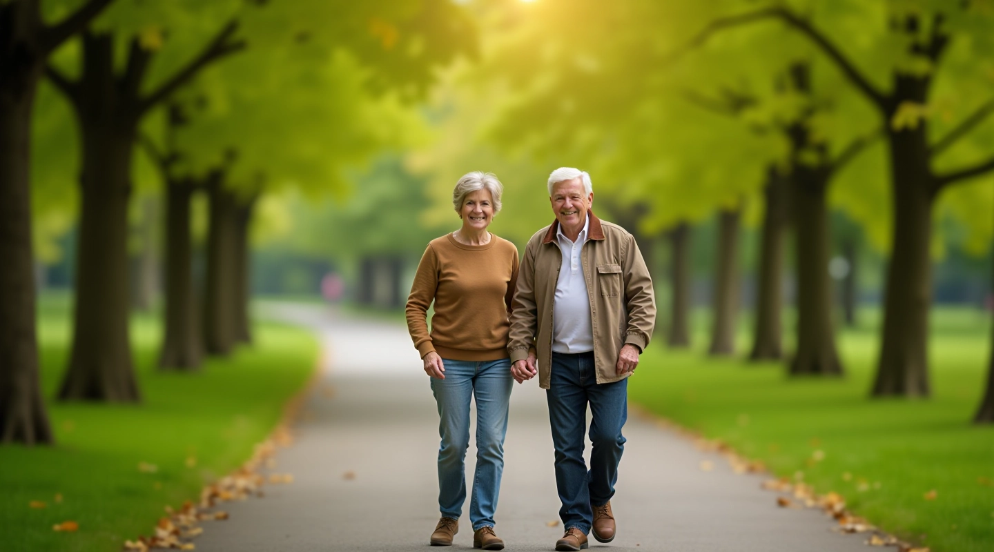 Seniori iet pastaigas laikā skaistā parkā ar zaļiem kokiem