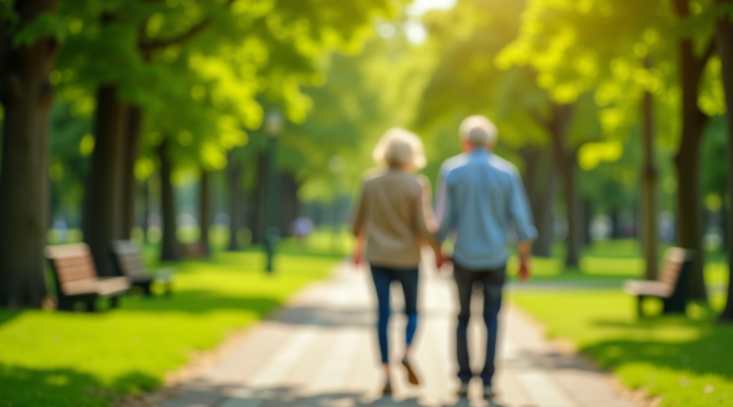 Seniori pastaigājas pilsētas parkā ar zaļajiem kokiem un sēdvietām